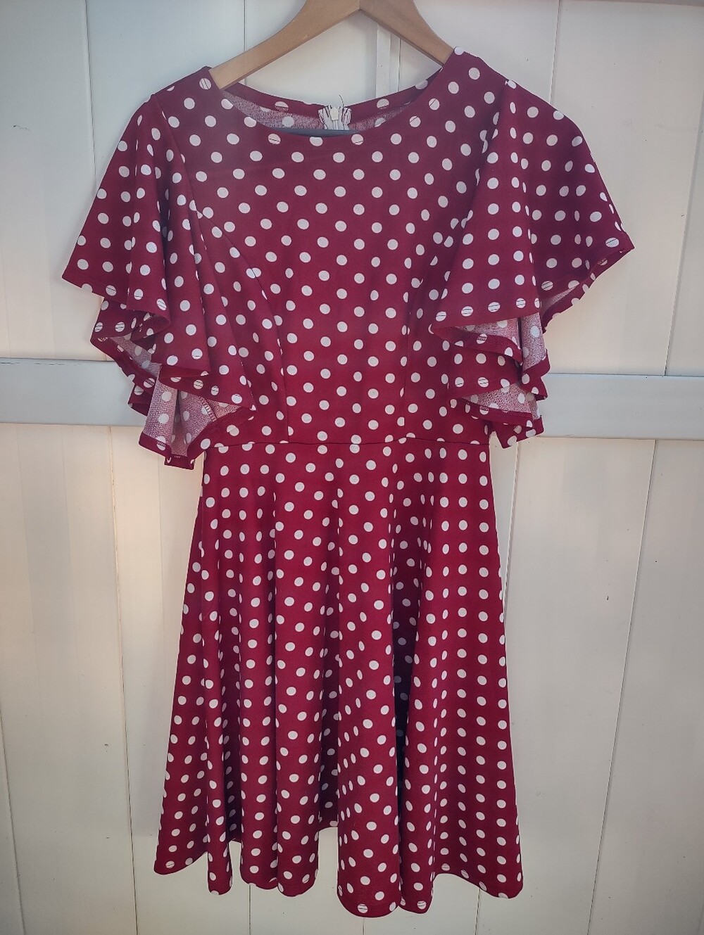 Burgundy Polka Dot Flutter-Sleeve Dress
